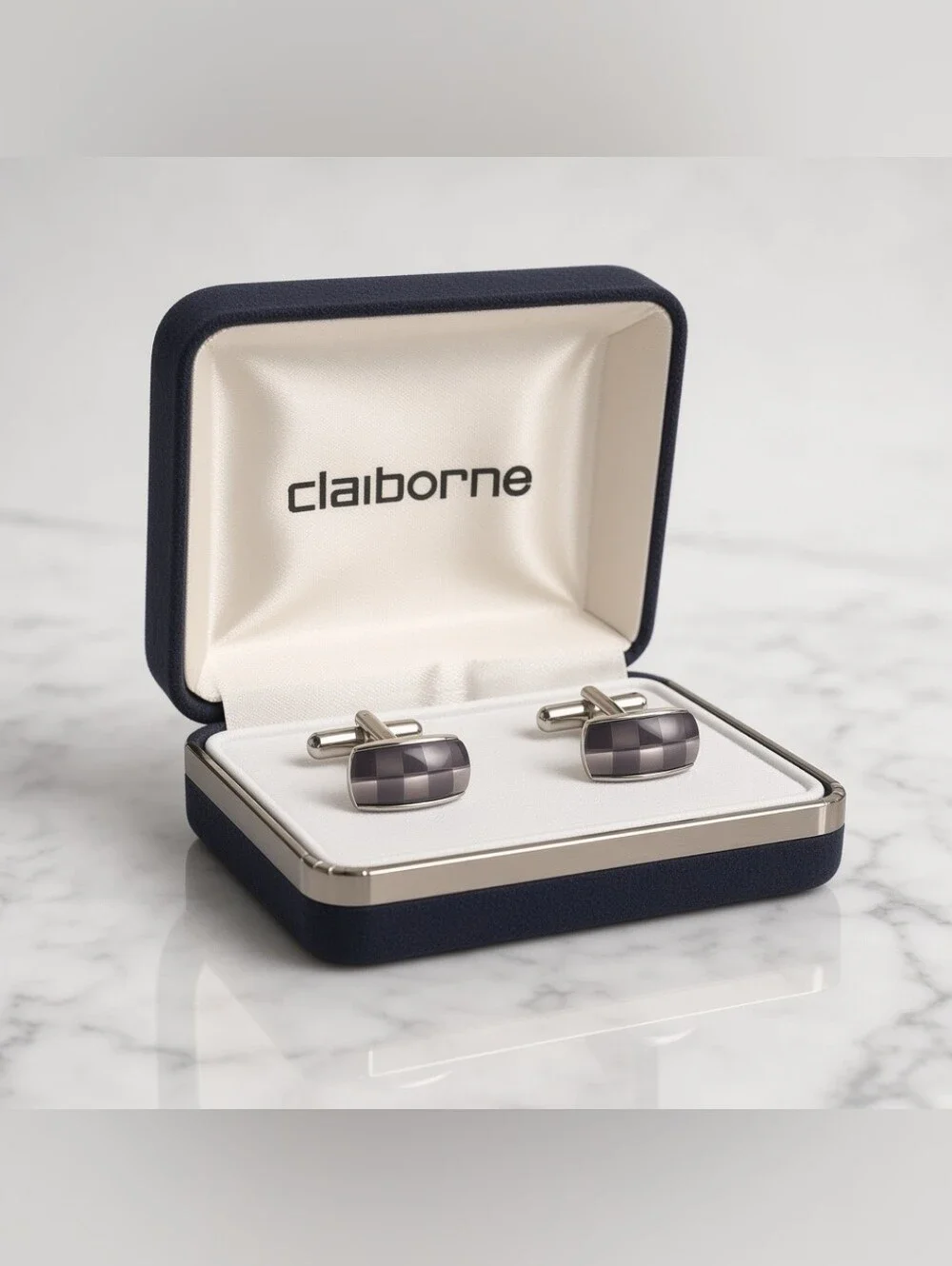 Claiborne Silver Tone Purple Inlay Cufflinks Men's Dress Formal w/ Gift Box